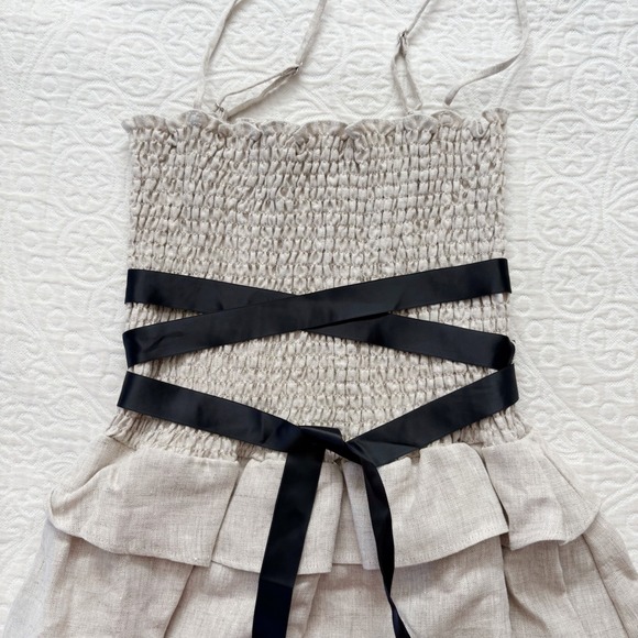 Reformation Miles Smocked Linen Midi Dress,‎ Oatmeal - Picture 3 of 6